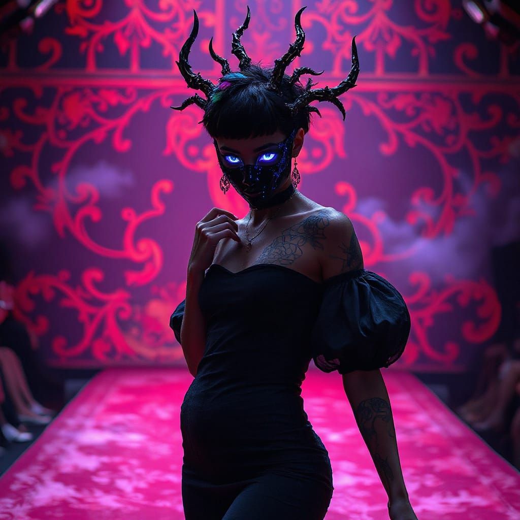 Ethereal Goth Runway Model in Intricate Black Spider Web Dre...