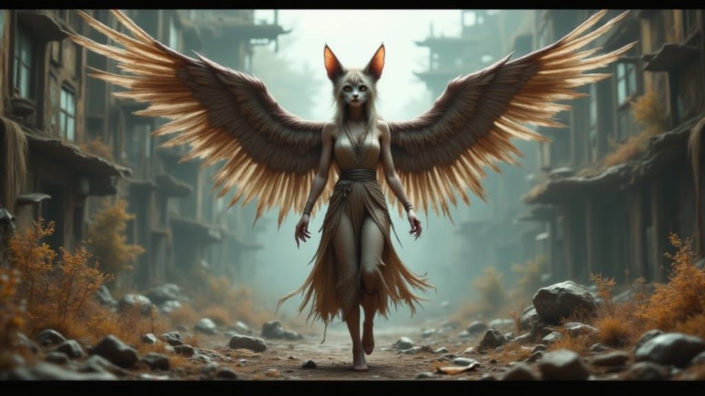 Cyberpunk Feline Angel in Ruins