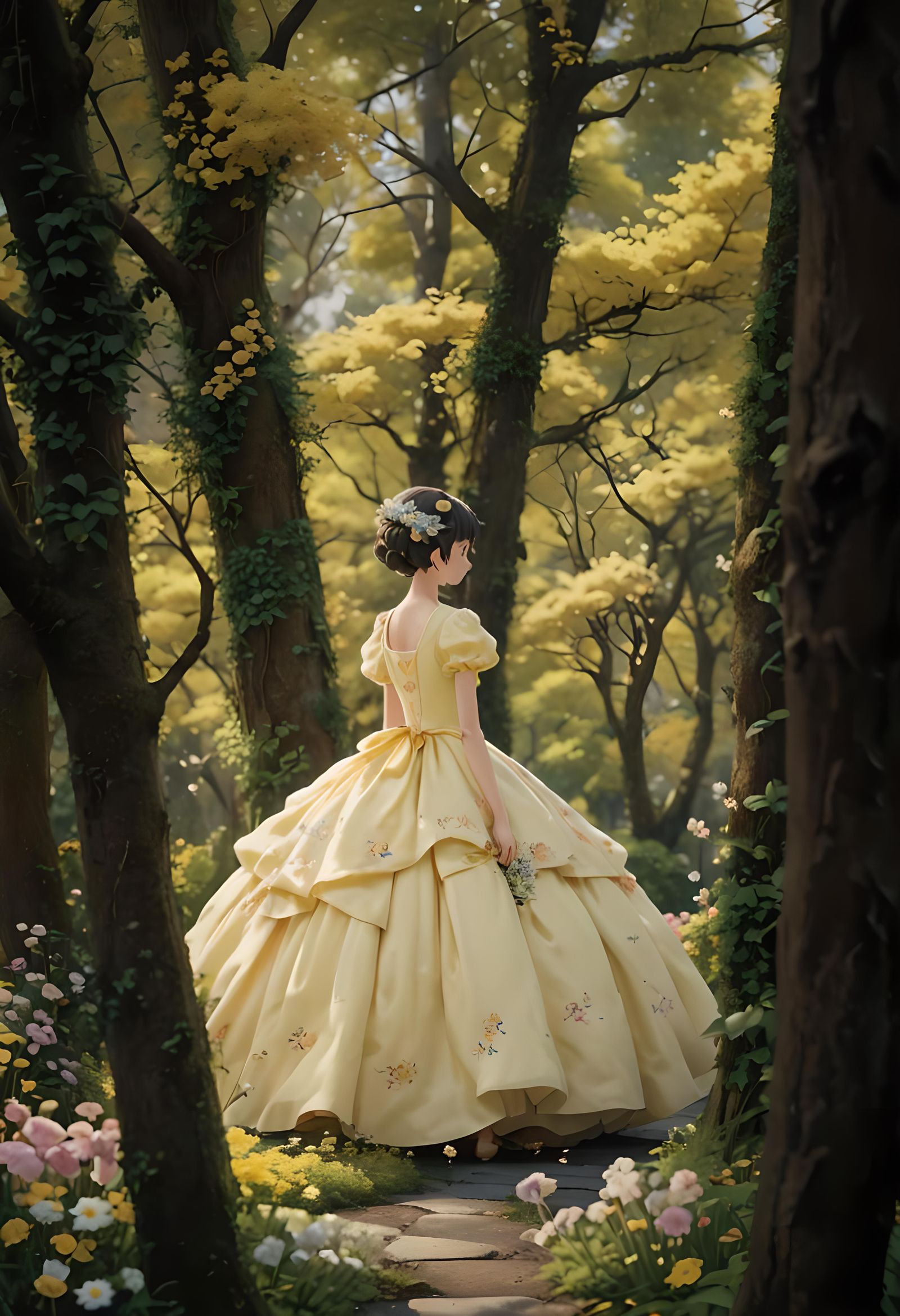 Pastel Gown with Flowers in Anime Style