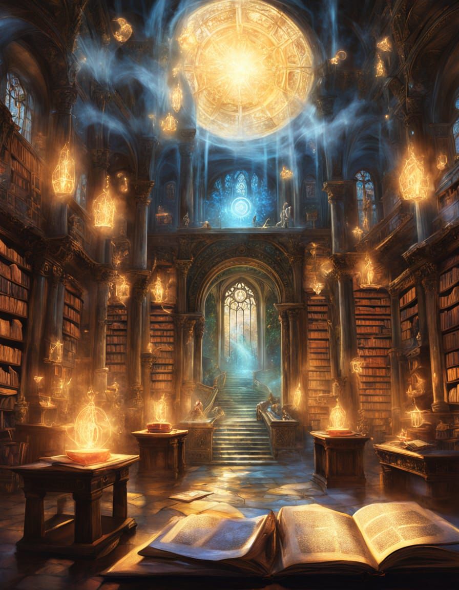 Magical Library of Glowing Books in Ethereal Light