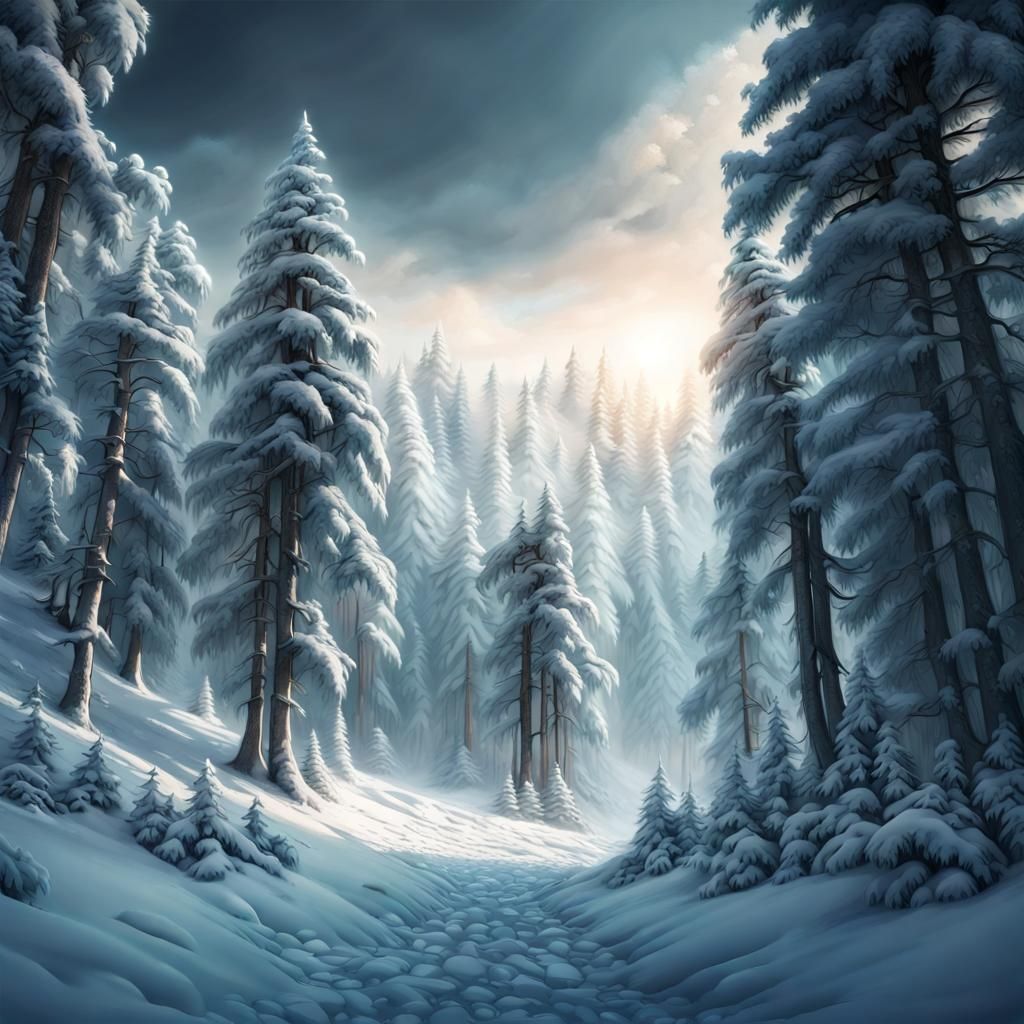 Snow-Laden Evergreen Forest: Epic Digital Matte Painting