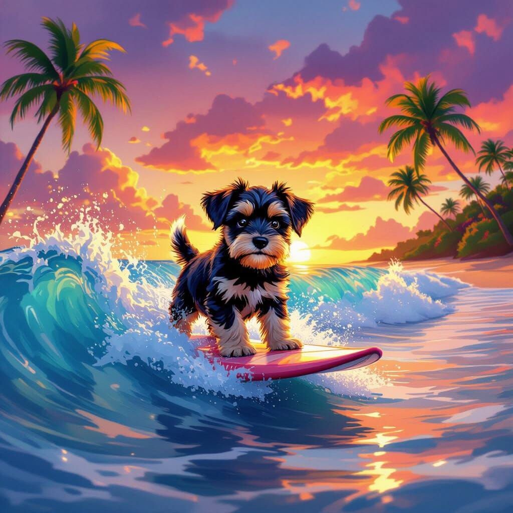 Adorable Schnauzer Puppy Surfing Hawaiian Sunset