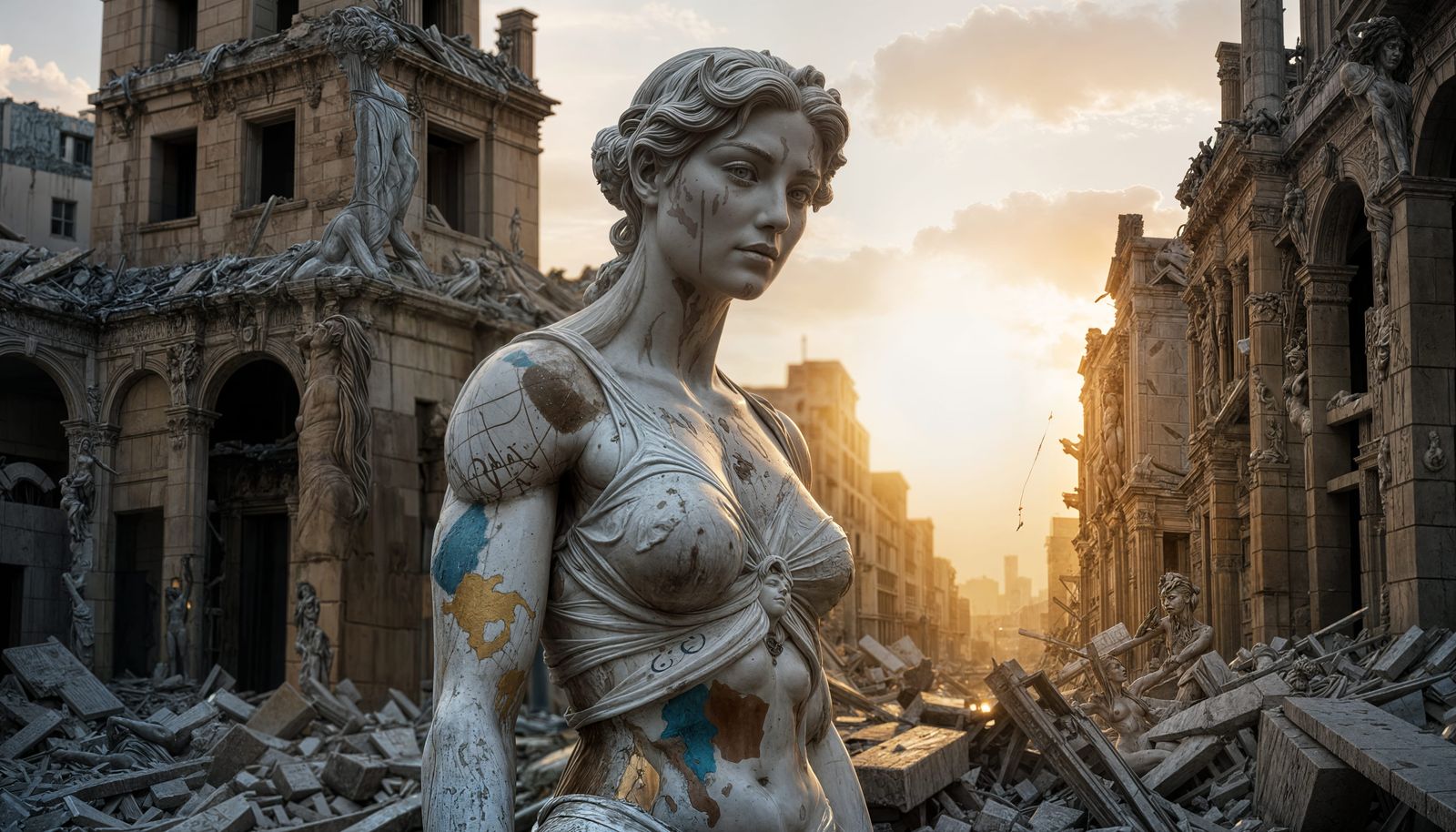 Greek Goddess Statue in Post-Apocalyptic Paris, Graffiti and...