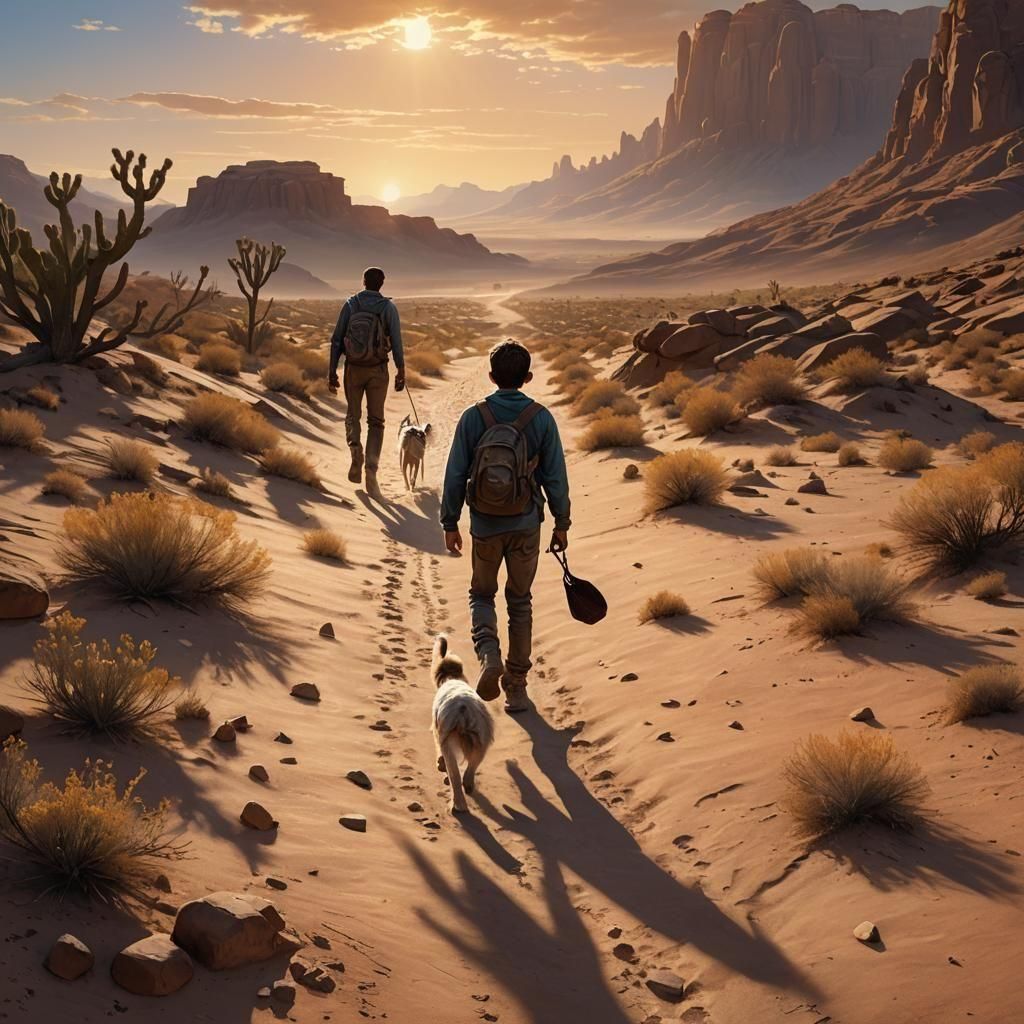 Boy with Dog in Hyperrealistic Desert Scene