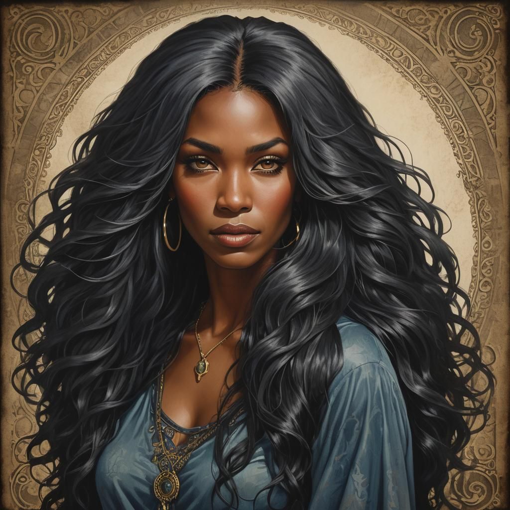 Striking Woman with Raven Hair, Detailed Matte Painting