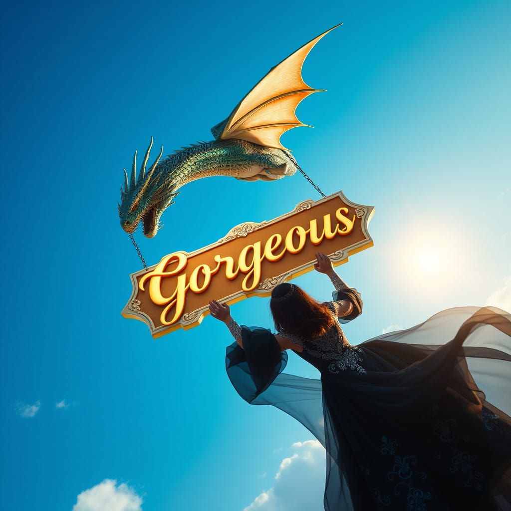 Dragon Soars Through Vibrant Sky with Golden Sign in Cyberpu...