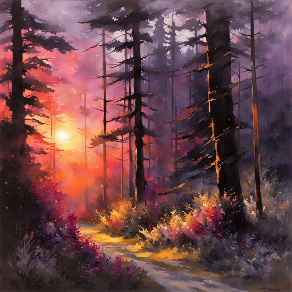Hazy Pine Forest at Sunset with Exotic Flowers
