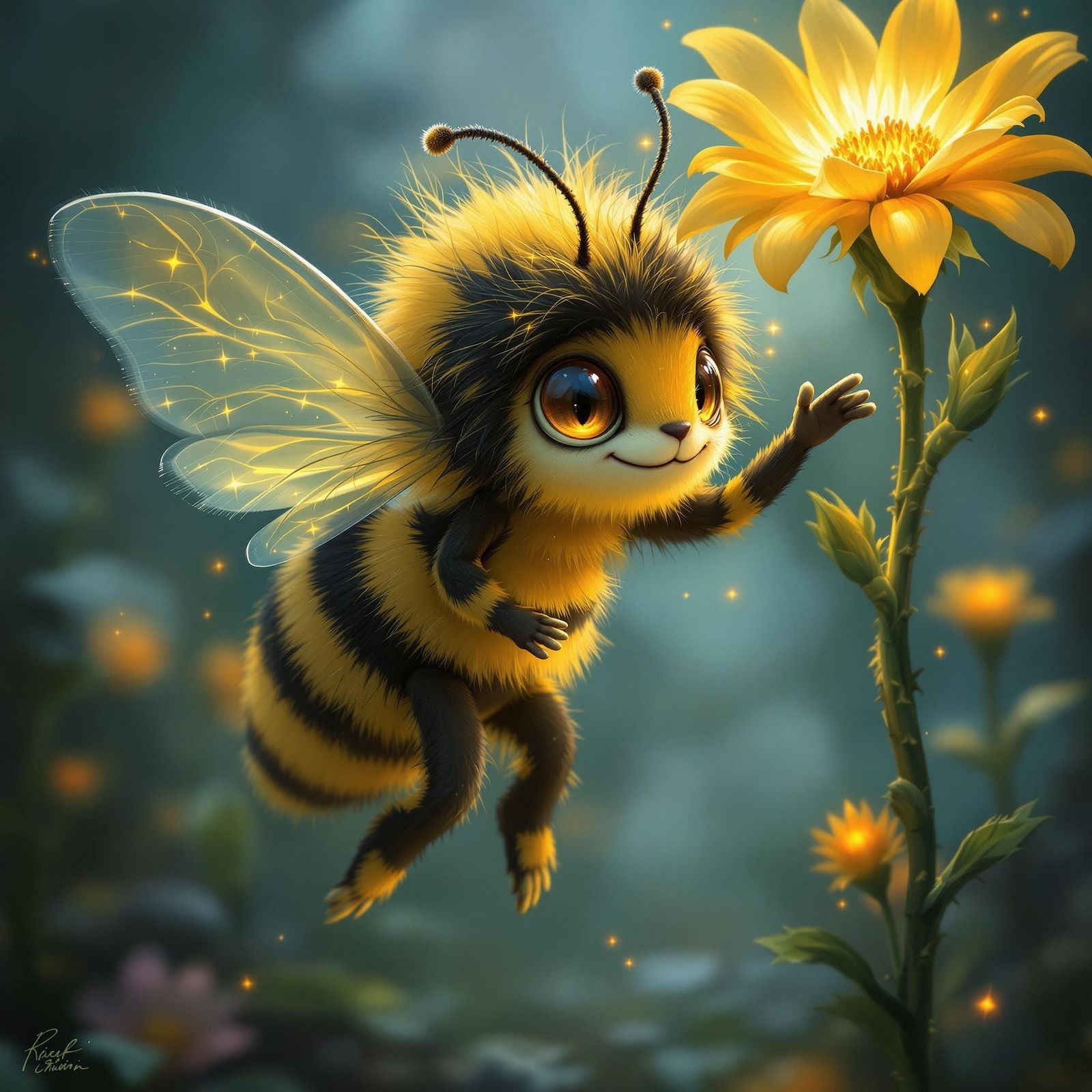 Vibrant Honey Bee Monster Girl Amidst Blooming Florals