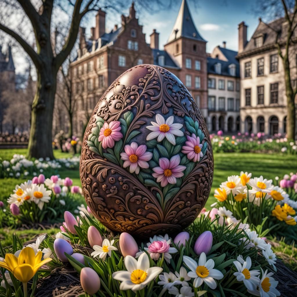 Hyperrealistic Easter Egg Hidden in Park Flowers