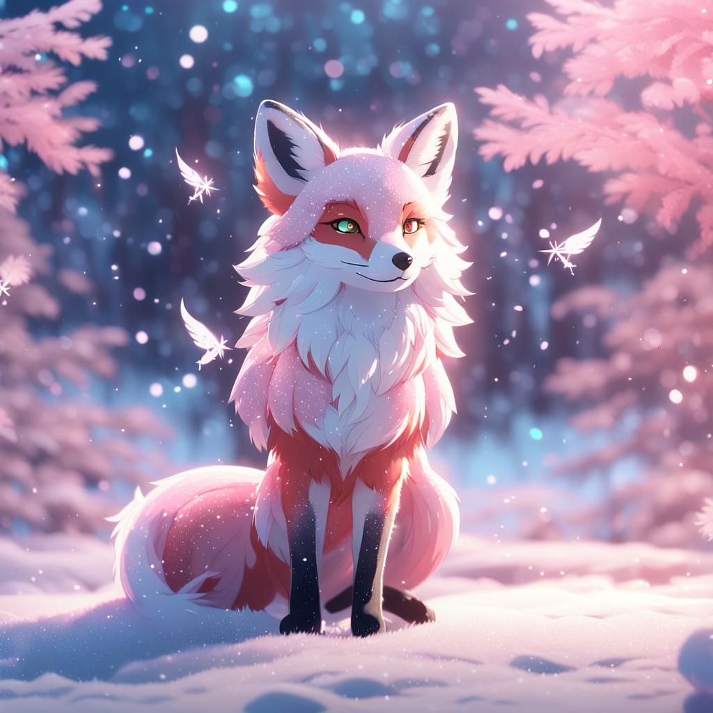 Fluffy Pink Fox with Angel Wings in Snowy Landscape