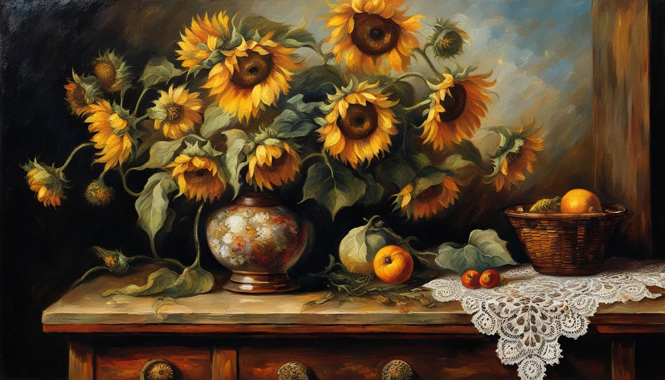 Sunflowers on Sideboard: Impasto Oil Painting Decoupage