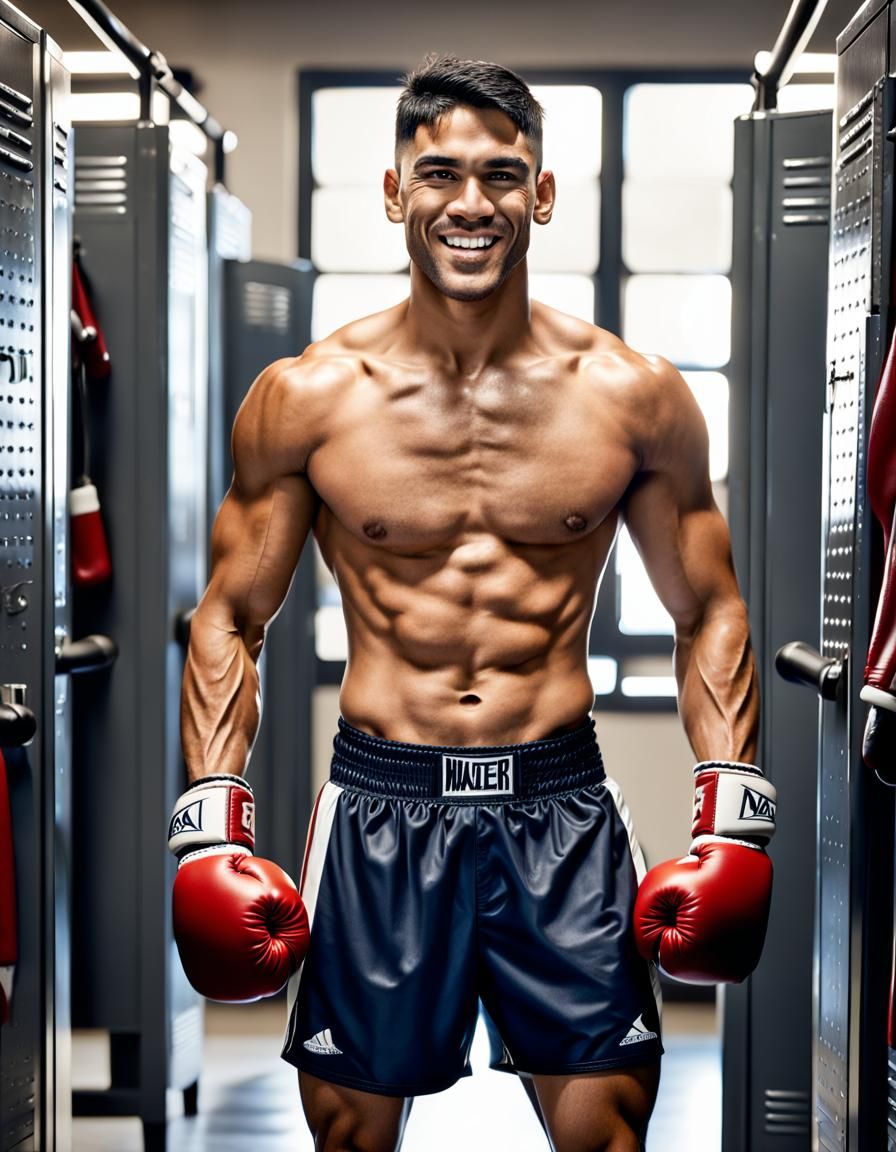 Young Boxer Admiring Himself in Locker Room Mirror
