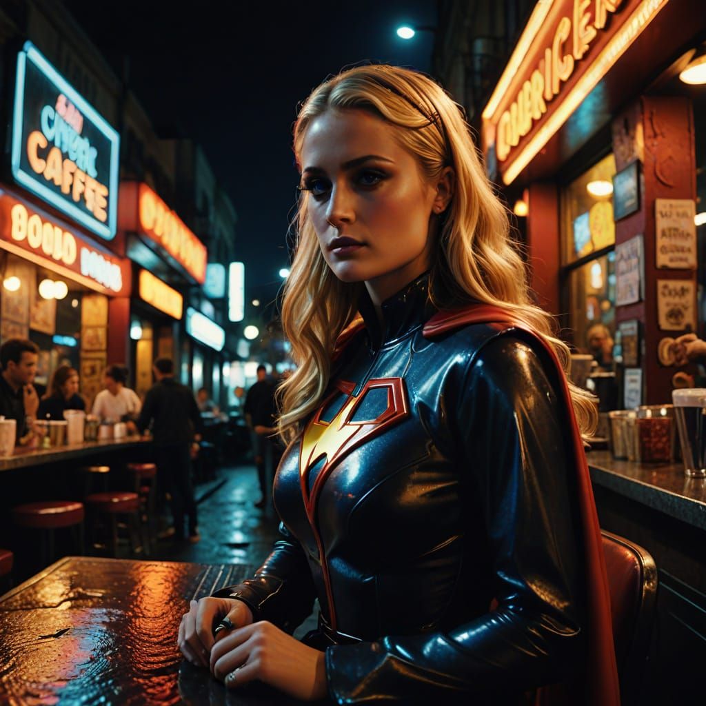 Superhero in Neon Cafe: Vivid Film Noir Style