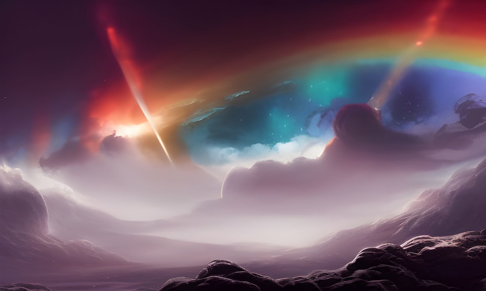 Rainbow Nebula Storm Cloud over Rocky Planet