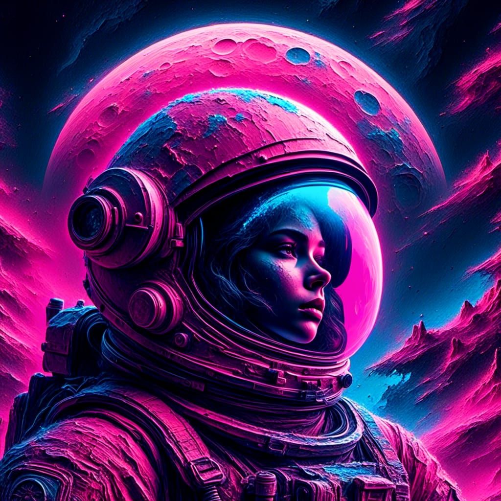 Astronaut Portrait on Crystal Moon in Neon Style