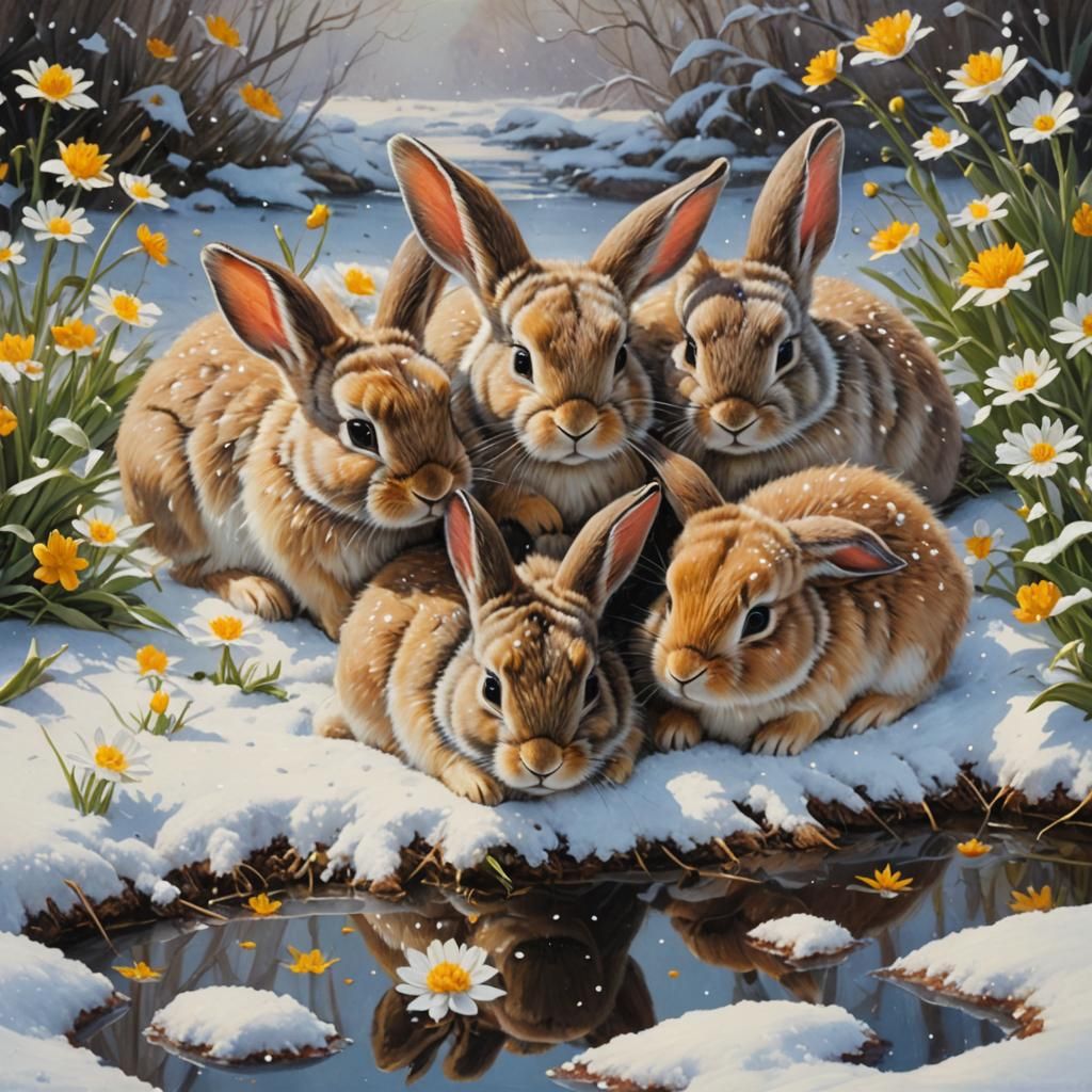 Sleeping Baby Bunnies in Snowy Spring Fantasy