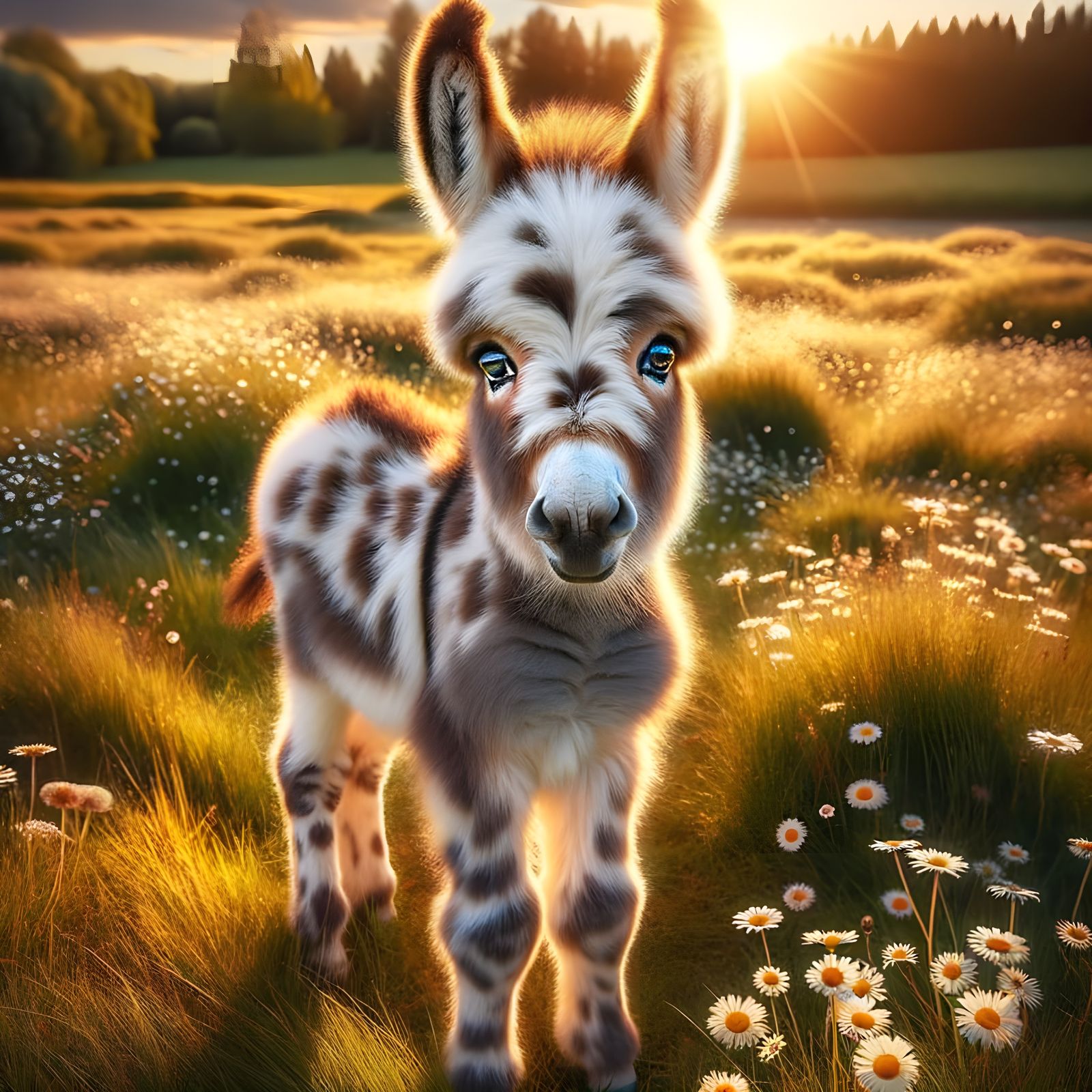 Cute Baby Donkey in a Serene Sunset Field