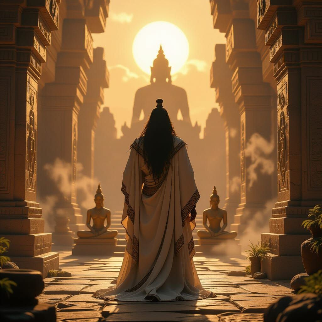 Meditative Figure in Stone Formation, Golden Light