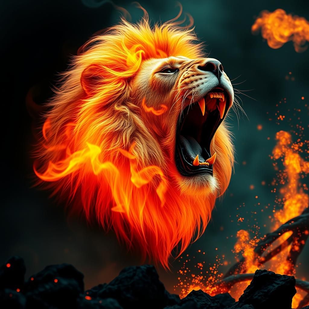 Roaring Lion Head in Flames, Volcanic Scene