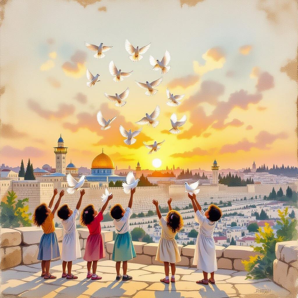 Palestinian Children Release Doves Over Jerusalem Watercolor