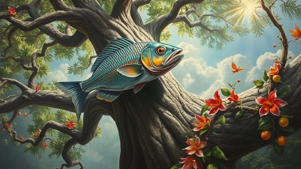 Fish Climbing Tree in Surrealist Dreamscape