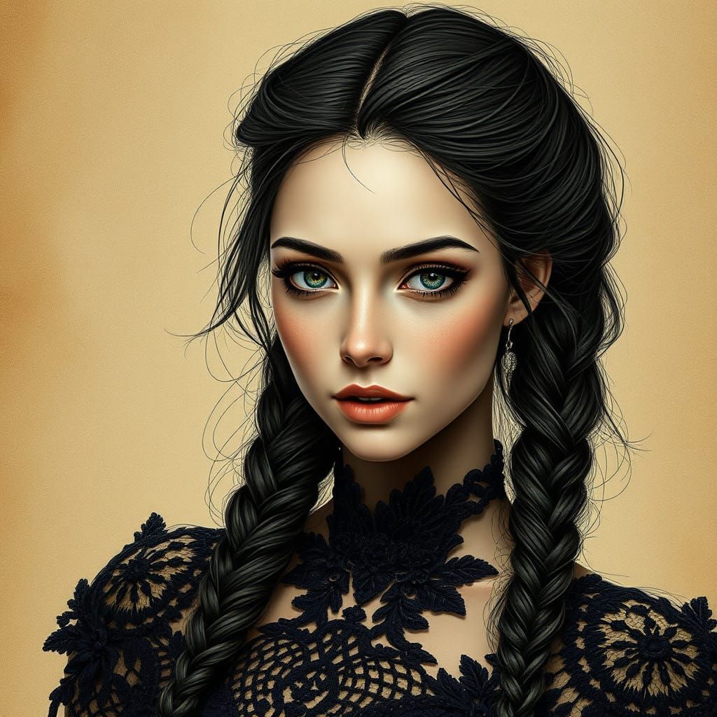 Elegant Fantasy Portrait in Intricate Black Lace and Ancient...