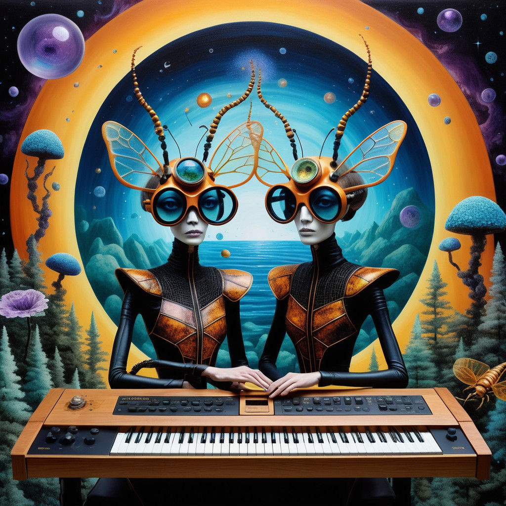 Surrealist Odyssey: Ethereal Figures Navigate Cosmic Depths