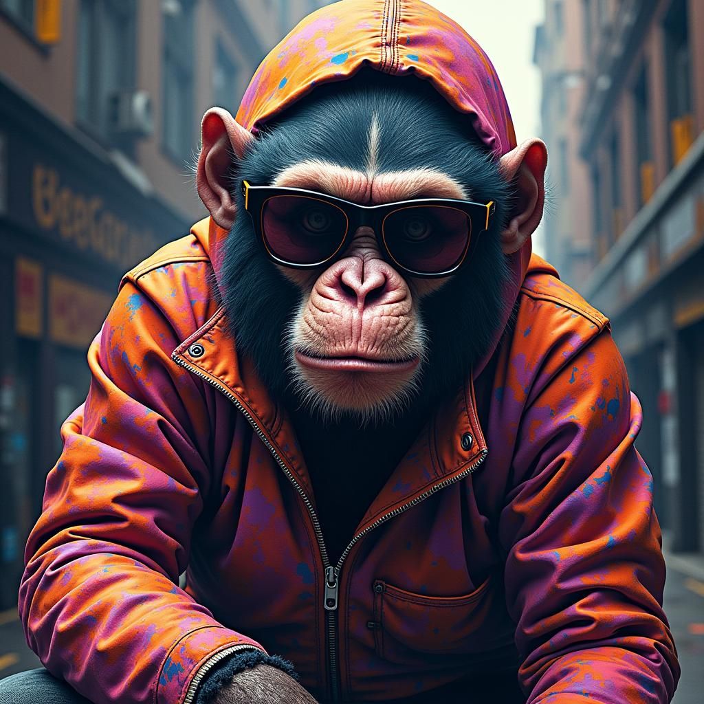 Menacing Monkey in Halloween Costume, Street Art Style