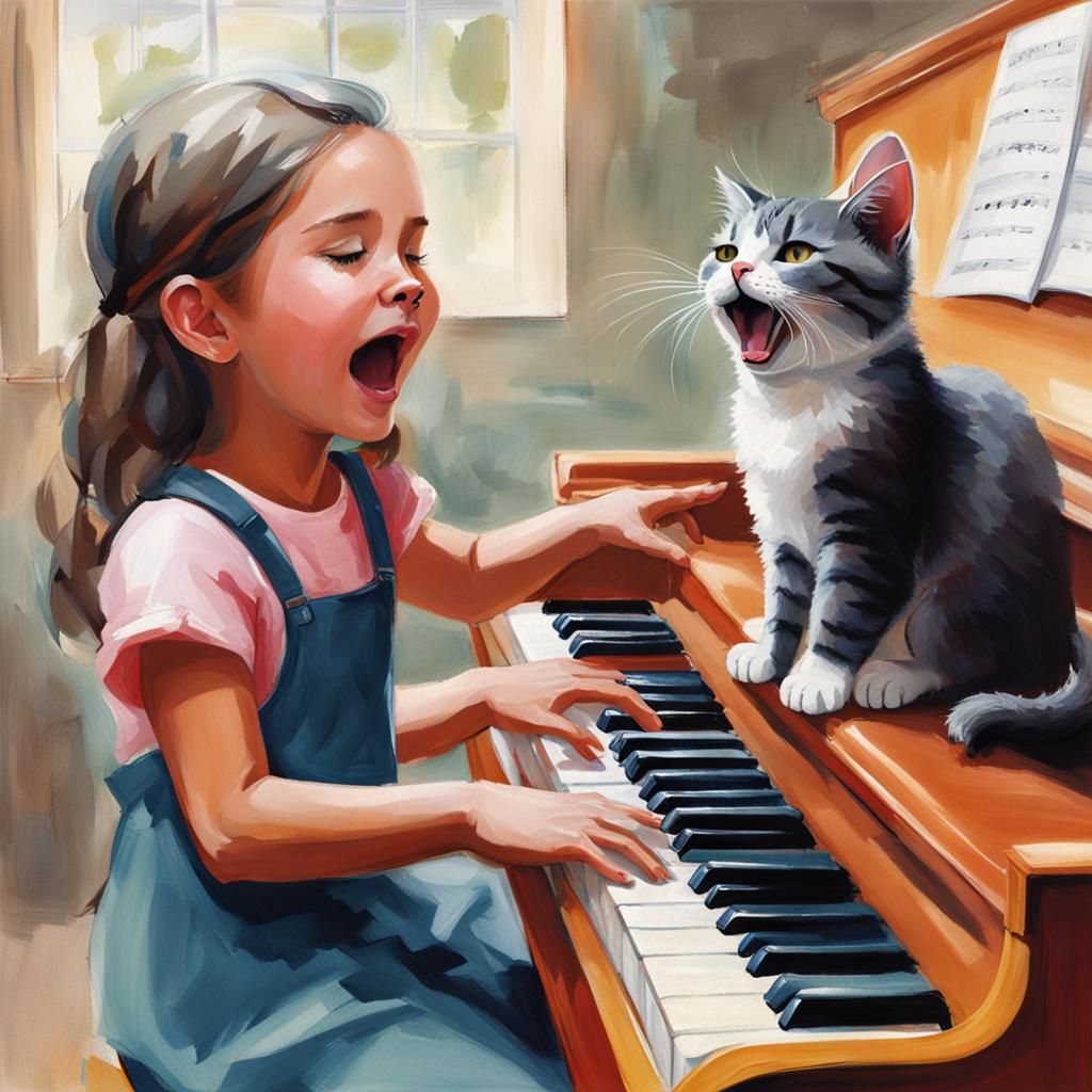 Cat singing with girl on piano