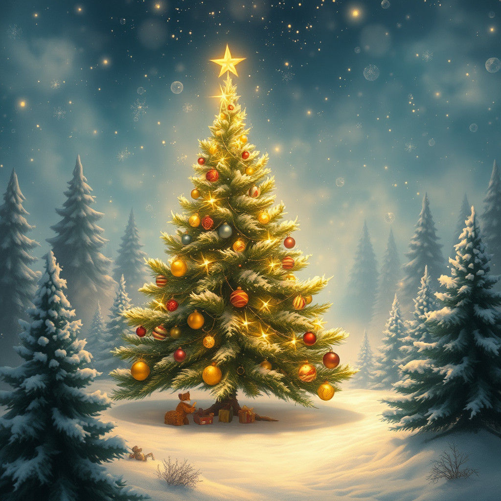 Whimsical Christmas Tree Dancing in Ethereal Landscape