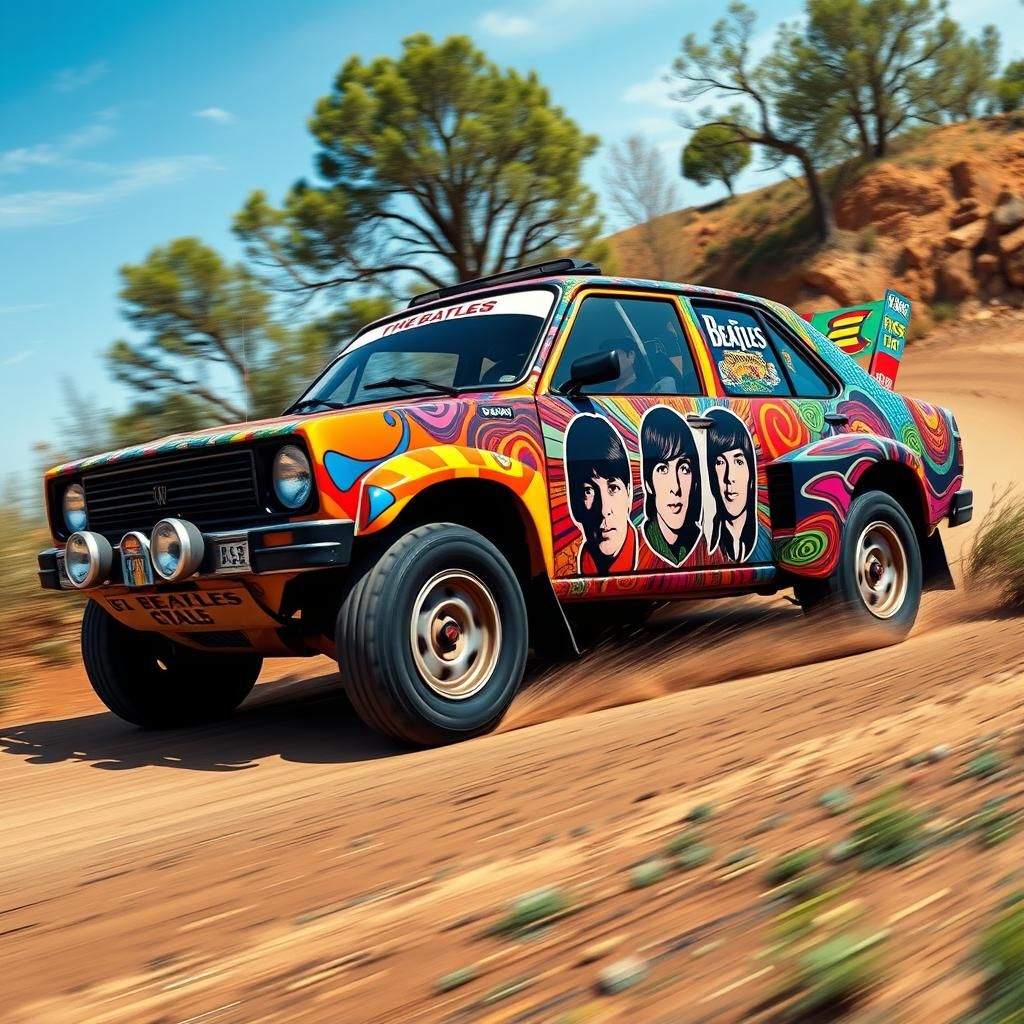 Rally car wrapped in "the beatles" artwork