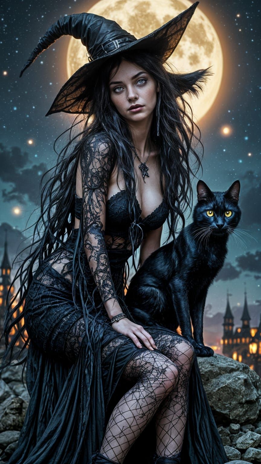 Halloween Witch and Black Cat