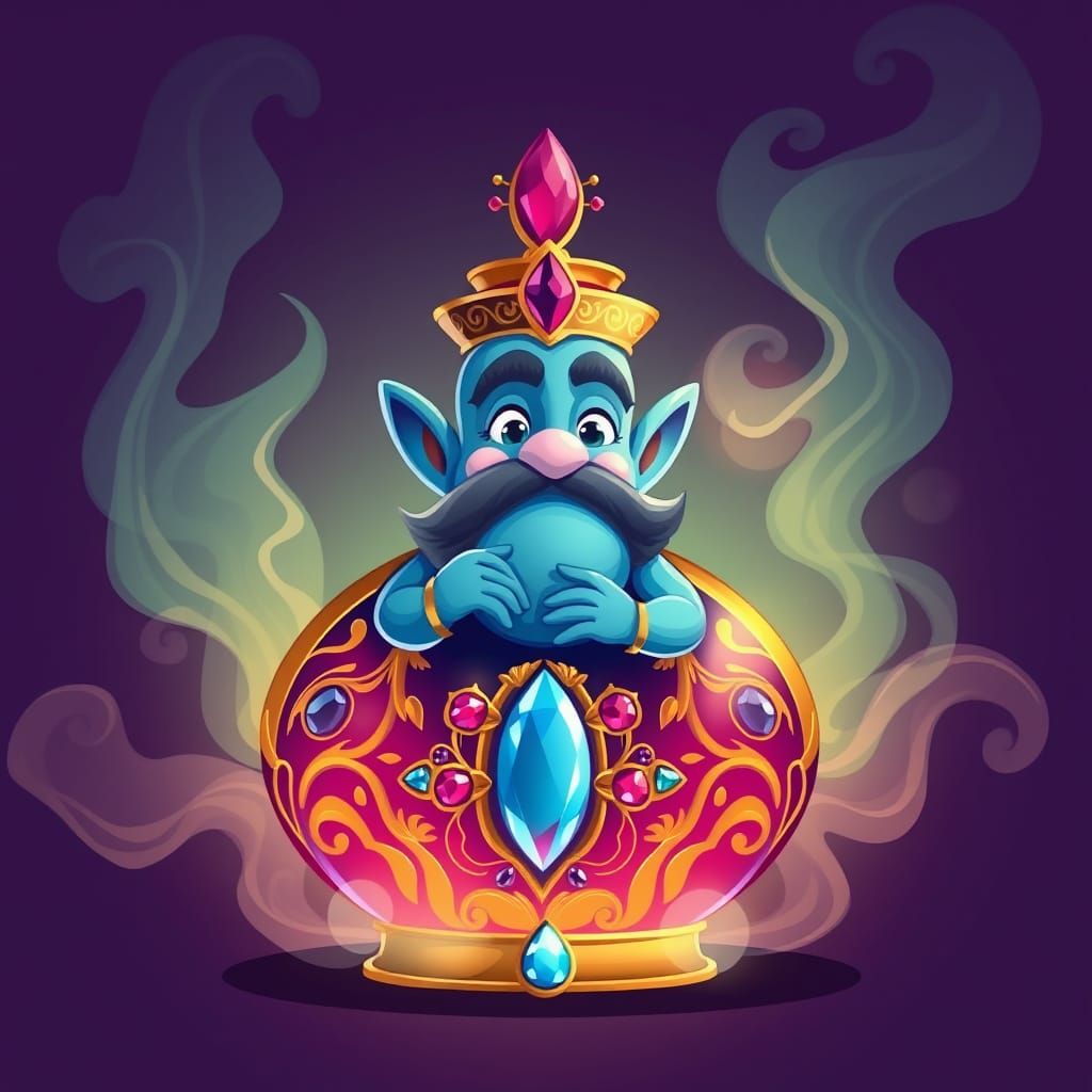 Whimsical Genie in a Vibrant, Gemstone-Encrusted Bottle