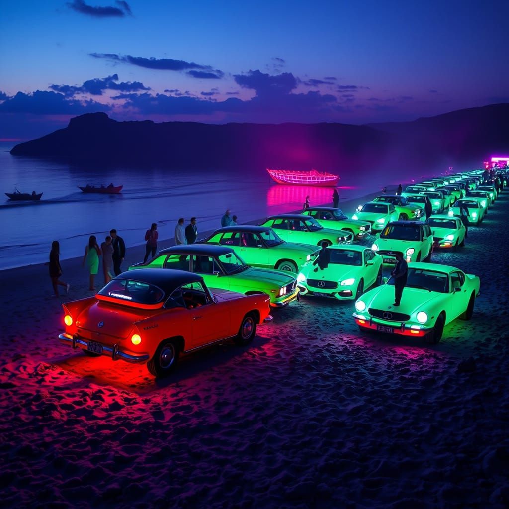 Bioluminescent Cars on Neon Shore, Dreamlike Art