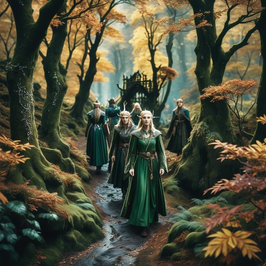 Elves on Hippogryphs in Autumn Highlands