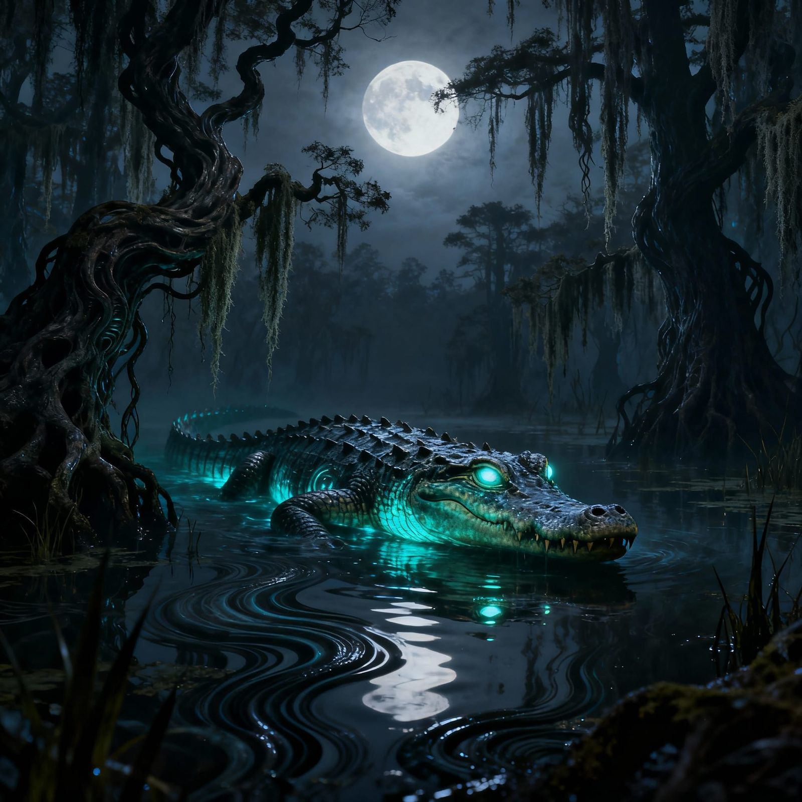 Bioluminescent Alligator in Moonlit Swamp