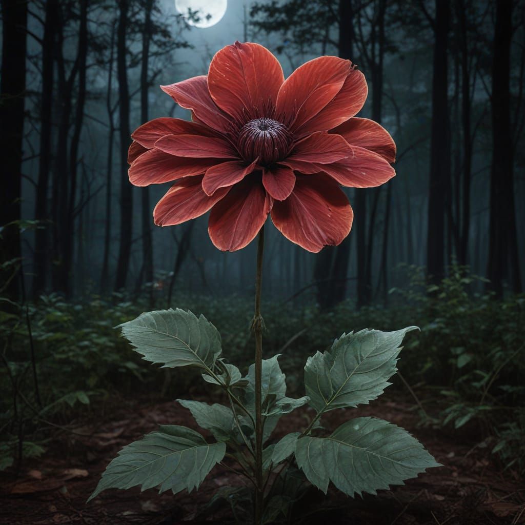 Eerie Flower in Haunted Forest Under Blood Moon