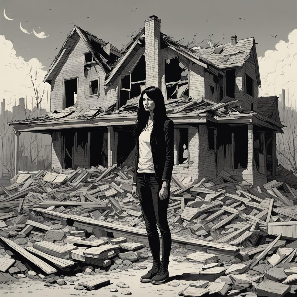 Demolished House Scene with Woman and Man