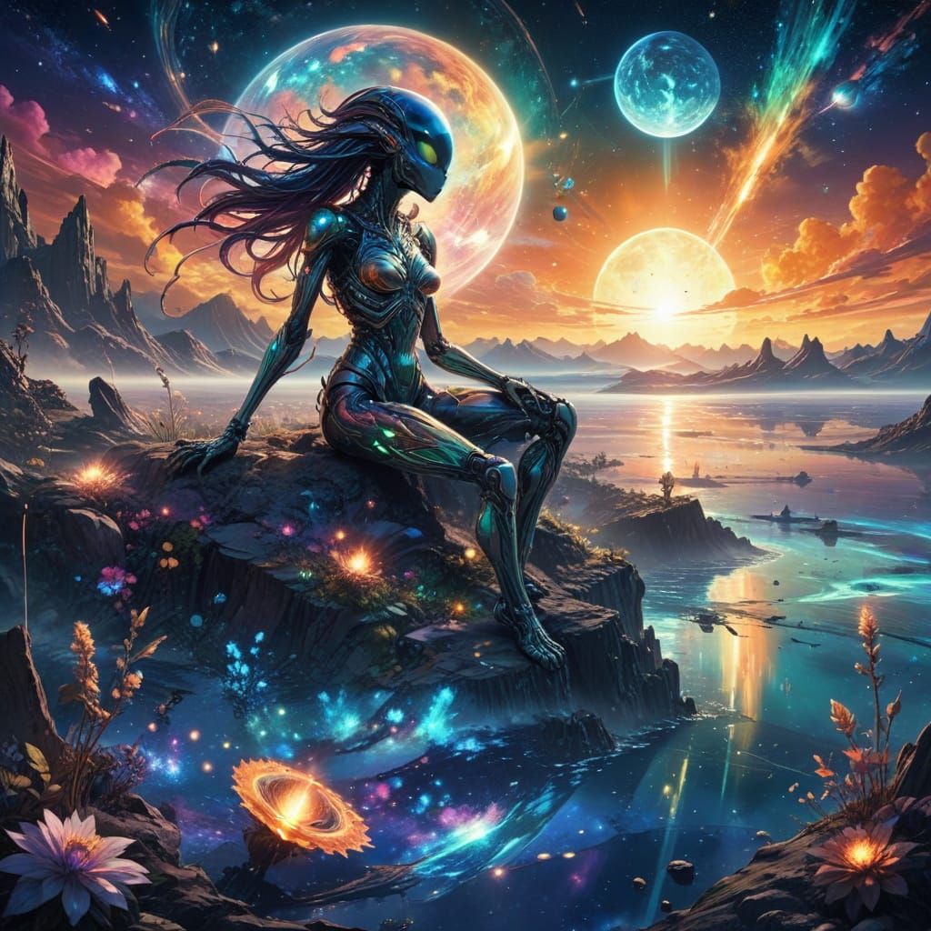 Surreal Cosmic Realm in Vibrant Holographic Colors