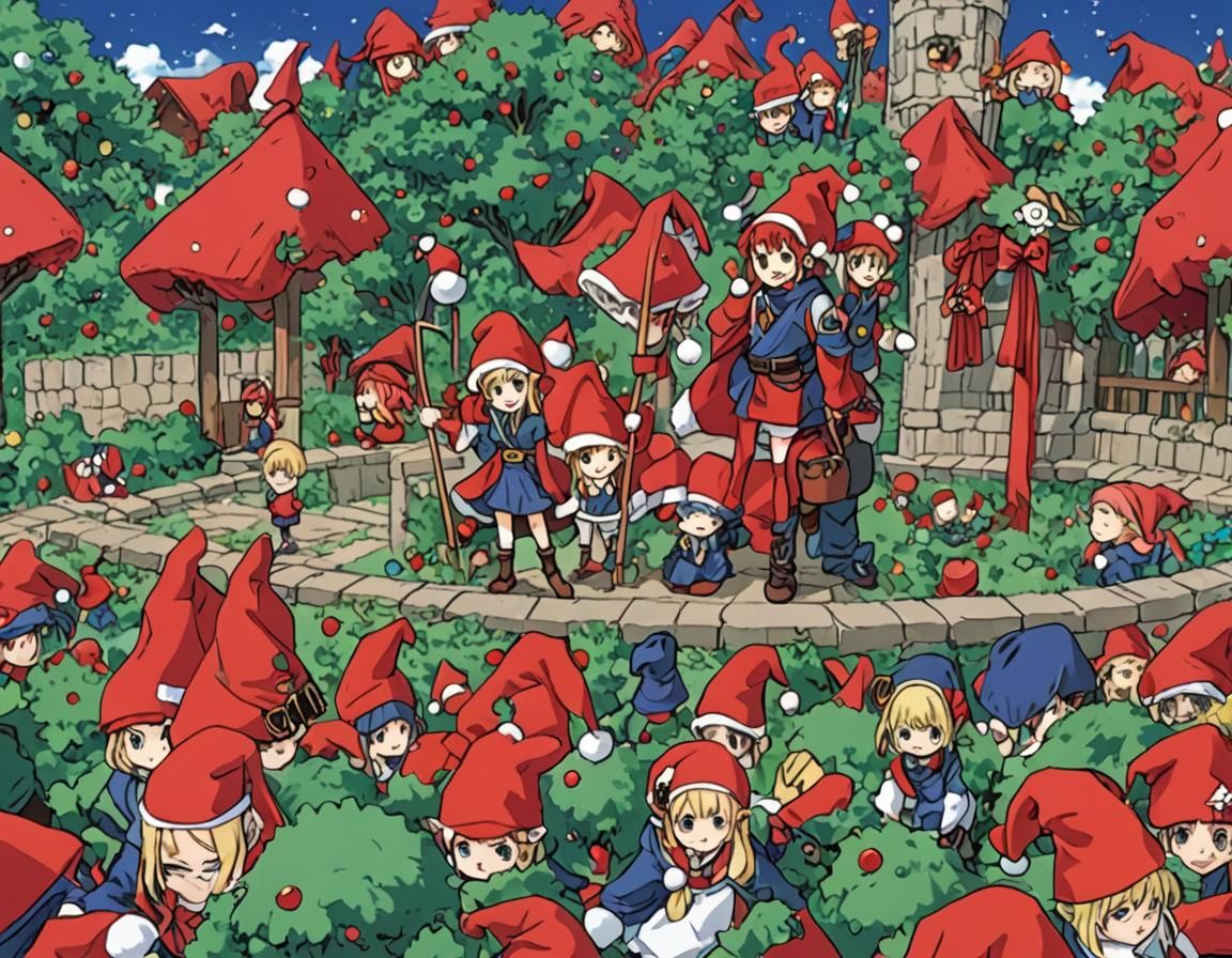 Elves in Red Caps: Anime Style Illustration