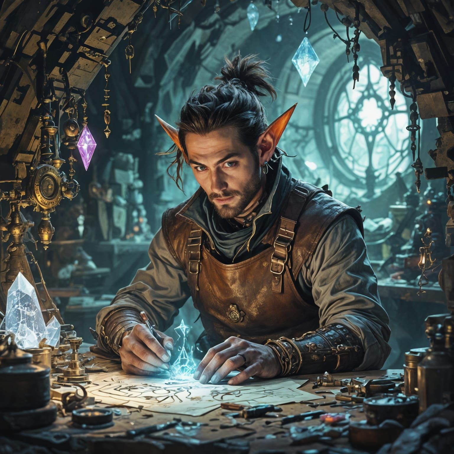 Tiefling Artificer in a Dark Fantasy Workshop