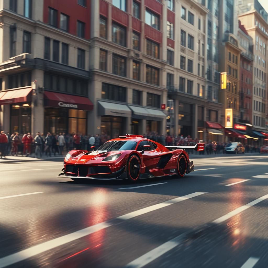 Red Race Car Speeding Through City, Professional Photography