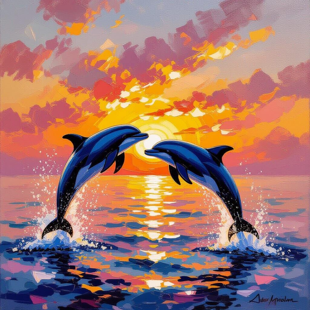 Dolphins Leap from Sea in Vibrant Impasto Sunset Painting