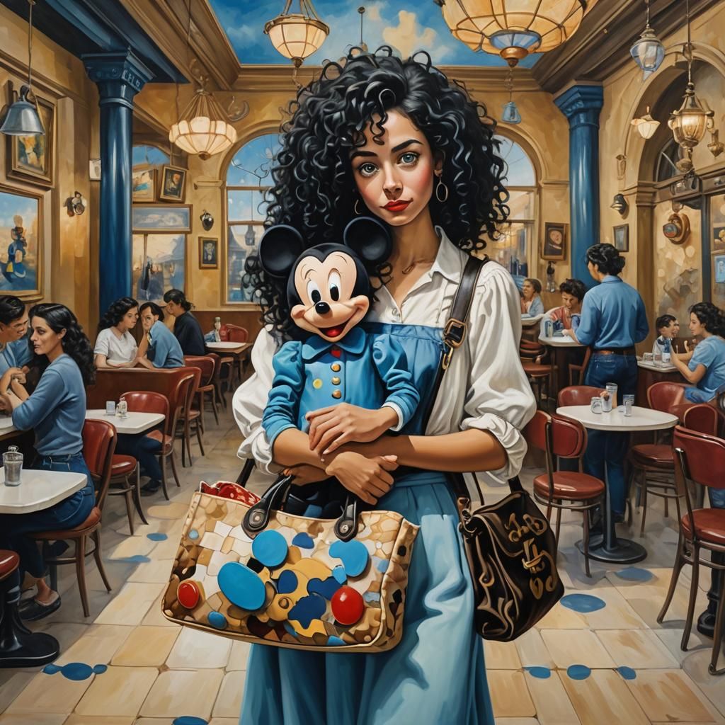 Surreal Woman with Mickey Bag in Disneyland, Dali Style