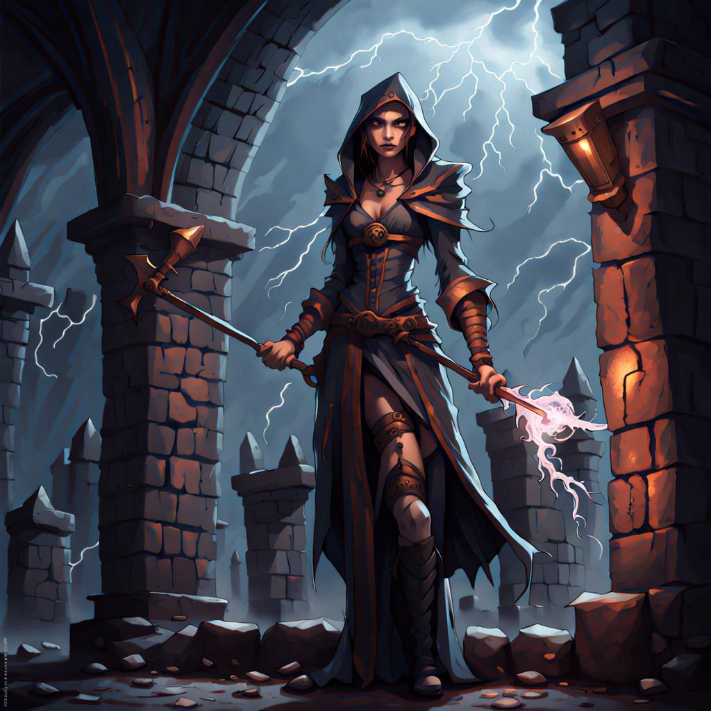 Young Necromancer in Castle During Thunderstorm