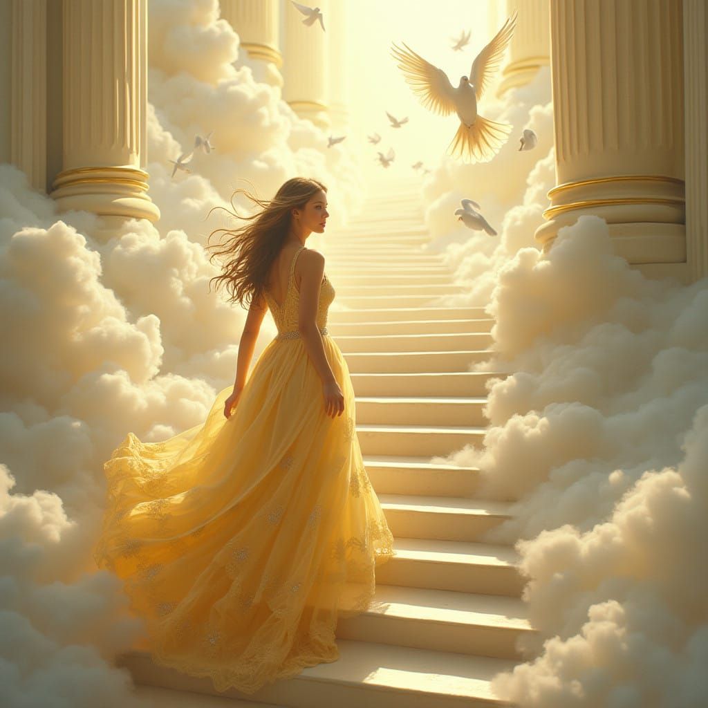 Ethereal Woman Ascends Baroque Stairway to Heaven in Dreamy,...