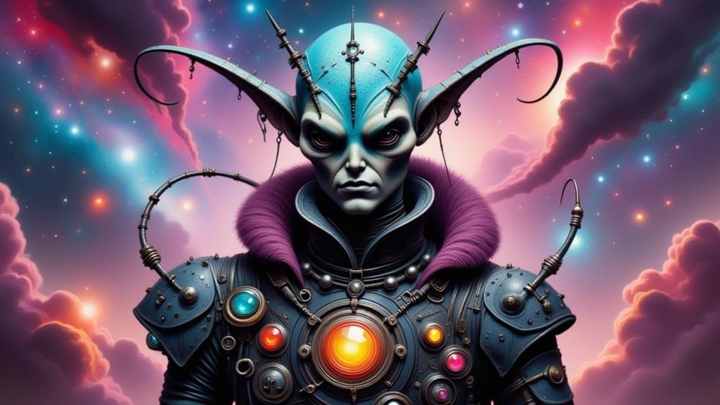 Alien Consumerism Ad Portrait in Vibrant Nebulae