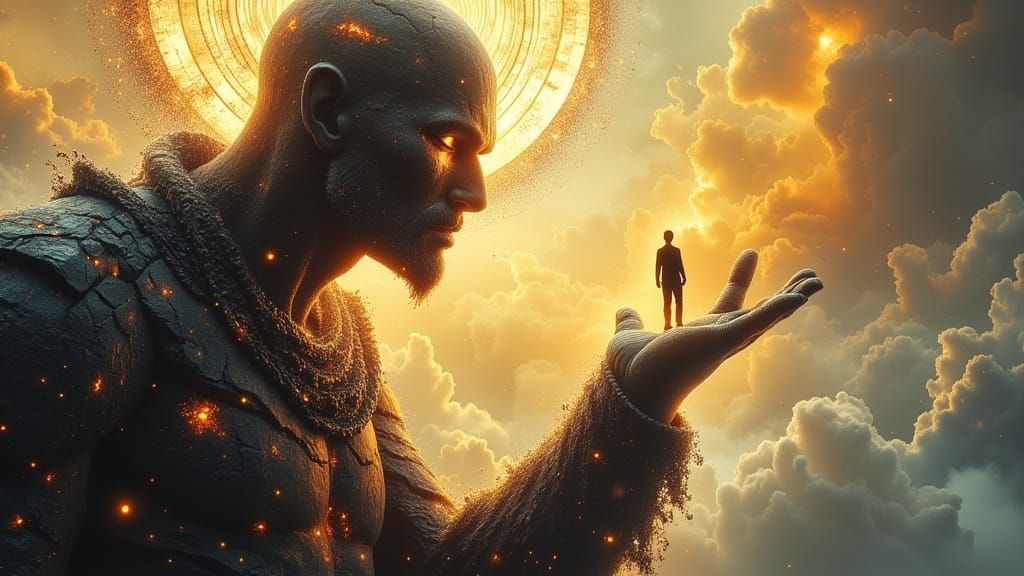 Fiery Steel Titan Holding Luminous Man