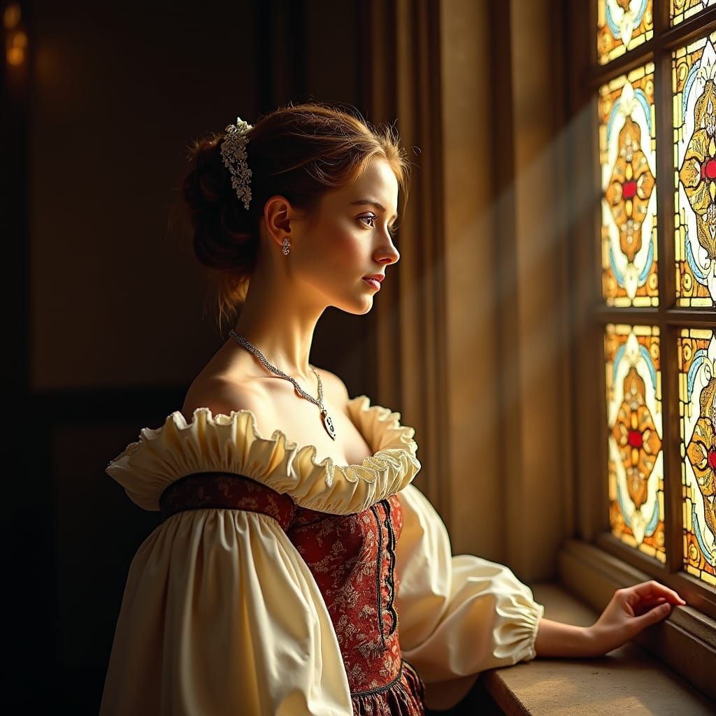 Baroque Woman by Church Window in Golden Light