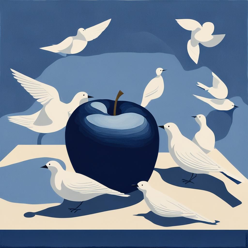 Minimalist Still Life: Apple with Birds in Blue Space